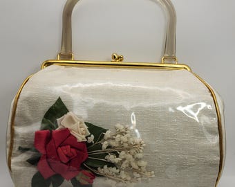 Vintage JK Miami Floral Lucite Top Handle Handbag, Retro 1950s-60s Accessories