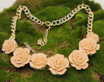 Vintage Roses Necklace Soft Peachy Pink Floral Statement Choker