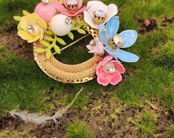 Mid Century Flower Brooch Colorful Enamel Crystal Rhinestones Retro Era Vintage