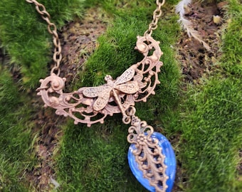 A Delicate DRAGONFLY Necklace Art Nouveau Style Filigree Pendant Antique Blue Czech Glass Artisan Crafted Jewelry Gift Faerie Found Treasure