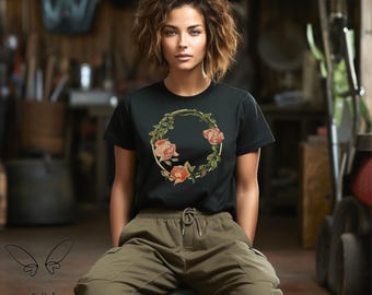 Antique Roses T-shirt Warm Pink & Moss Green Wreath Tee Unisex Garment-Dyed Shirt Cottagecore Garden Floral Tee Top Gift Retro Boho Roses T