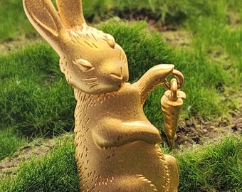 Bunny Rabbit Brooch With Dangling Carrot JJ JONETTE Bunny Lover Gift Vintage Easter Gift Pin Brushed Gold Tone Rabbit Figural Carrot Charm