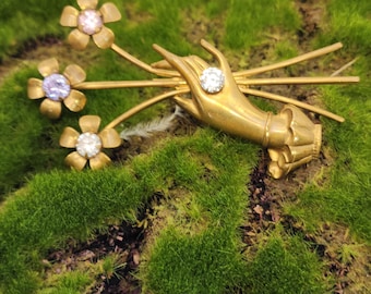 Vintage Ladies Hand Holding Flowers Brooch With Crystal Rhinestones Circa 1940's