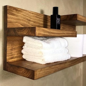 Rustic Hardwood Bathroom Shelf with Towel Rack: Wall Storage Organizer