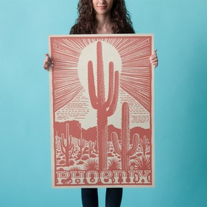 Cartel de tipografía rústica de Phoenix AZ, arte de pared de cactus y sol del desierto de Arizona, impresión digital para decoración del hogar, regalo de estilo suroeste