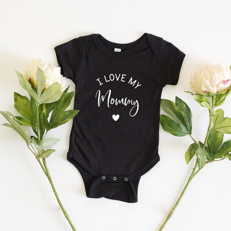 I Love Mom Tattoo Baby Bodysuit - Black With Red Heart Design
