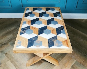 Oak coffee table, wood art mosaic, 3d geometric pattern.