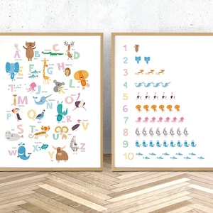 Alphabet wall art, set of two nursery prints, educational print, set of 2 prints pink, safari nursery decor