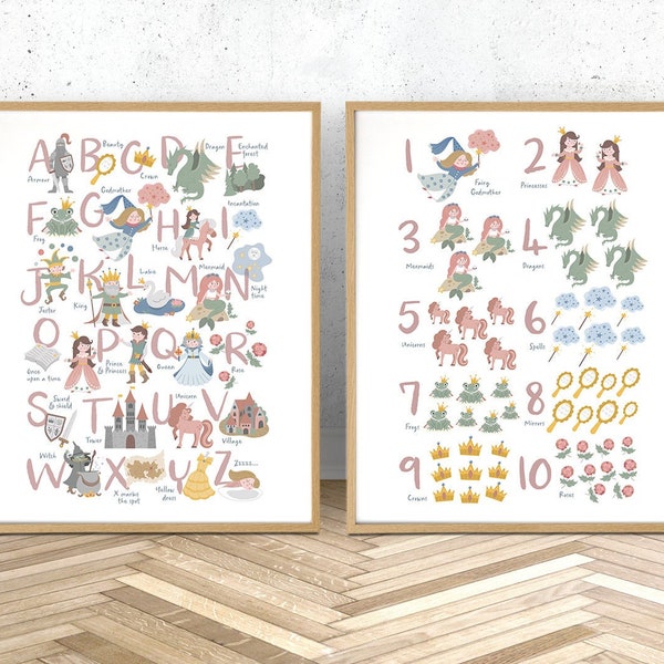 Fairy tale alphabet and numbers set of 2 prints, princess wall art perfect for a nursery accent wall in muted pink decor