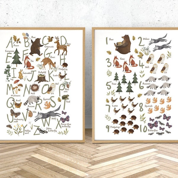 Set of two woodland animal alphabet and numbers, perfect for a Woodland theme nursery