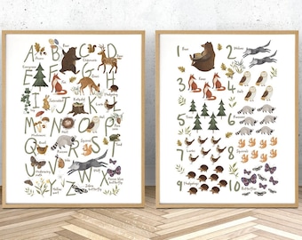 Set of two woodland animal alphabet and numbers, perfect for a Woodland theme nursery
