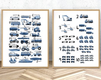 Blue transportation alphabet wall art,  alphabet and numbers nursery print, educational prints