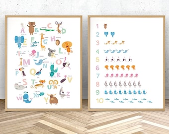 Alphabet wall art, set of two nursery prints, educational print, set of 2 prints pink, safari nursery decor