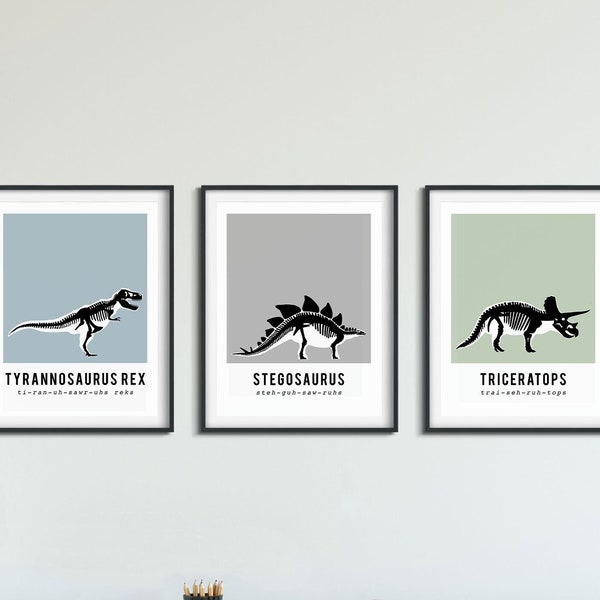 Set of 3 Dinosaur skeleton fossil prints, dinosaur wall art, dinosaur canvas