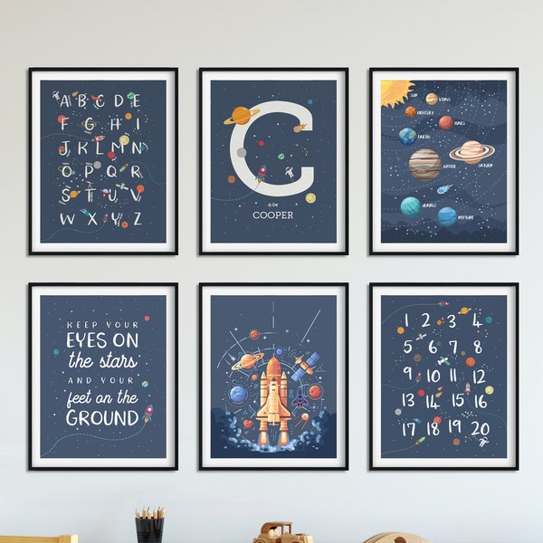 Space wall art set of 6 prints in soft muted colors, space themed nursery, outer space decor, solar system print