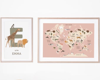 Conjunto de 2 impresiones: Arte de pared del mapa mundial, nombre personalizado del bebé