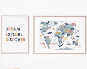 Kids world map poster, Set of 2 prints, Girls room decor