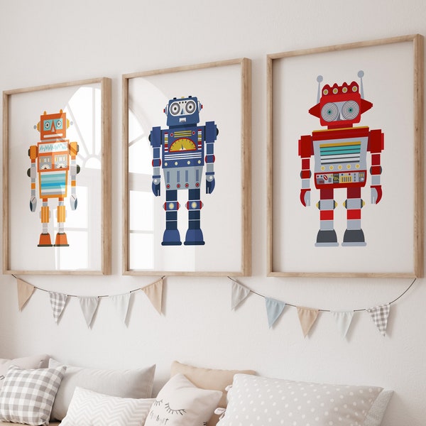 Robot wall art set of 3 prints, toddler boy room decor, playroom wall art