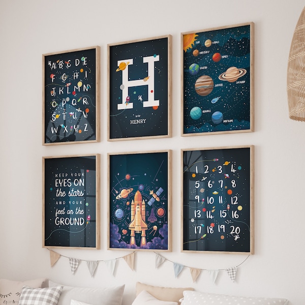 Space wall art set of 6 prints, space themed nursery, outer space decor, solar system print