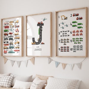 Set of 3 transportation alphabet wall art,  alphabet nursery print, educational print, Car poster