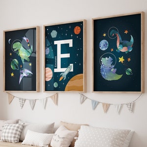 Space dinosaurs wall art set of 3 prints with custom personalized name print