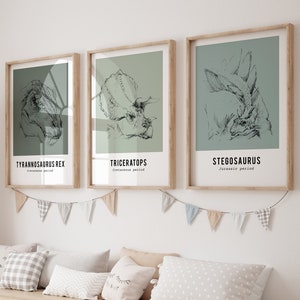 Set of 3 Dinosaur drawing prints, green tones wall art - Triceratops, T Rex and Stegosaurus