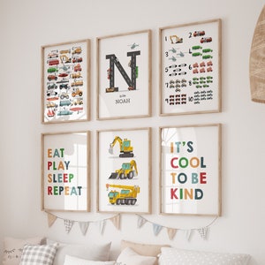 Set of 6 Printable Wall Art, Transport Theme, includes Personalized Baby Name Print