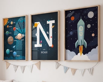 Space wall art set of 3 prints, space themed nursery, Custom baby name print, outer space decor, solar system print