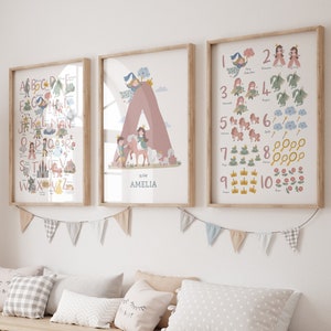 Set di 3 stampe da parete da favola, con stampa personalizzata del nome del bambino, alfabeto e numeri