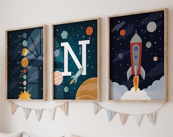 Pode incluir: Três impressões emolduradas com tema espacial. As impressões apresentam um foguete, uma letra N e um sistema solar. As impressões estão penduradas em uma parede branca acima de uma prateleira de madeira com recipientes de armazenamento.