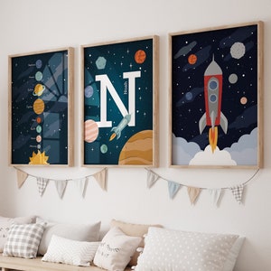 Space wall art set of 3 prints with rocket, solar system and custom name print