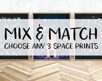 Mix and match, choose any 3 prints! Space themed nursery, set of 3 printable wall art, solar system print, bedroom prints set of 3
