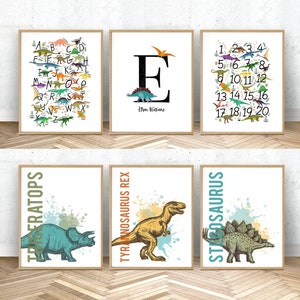 The Ultimate Dinosaur printable wall art set! Set of 6 art prints, personalised dinosaur decor, dinosaur name print, t-rex
