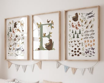 Woodland nursery decor, set of three nursery prints. ABC and numbers, perfect for a nursery accent wall, with beautiful woodland creatures