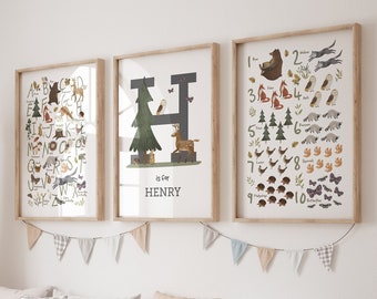 Set of 3 woodland animal alphabet, numbers and custom name print, perfect for a Woodland theme nursery