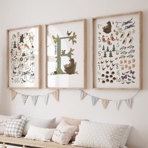Waldposter fürs Kinderzimmer, 3er Set Drucke. ABC und Zahlen, perfekt für eine Akzentwand im Kinderzimmer, mit schönen Waldtieren