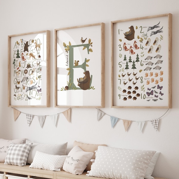 Woodland nursery decor, set of three nursery prints. ABC and numbers, perfect for a nursery accent wall, with beautiful woodland creatures