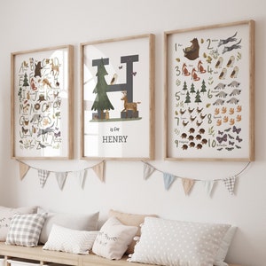 Set of 3 woodland animal alphabet, numbers and custom name print, perfect for a Woodland theme nursery