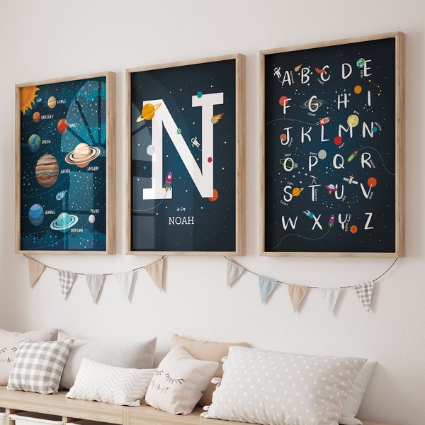 Space wall art set of 3 prints, space themed nursery, Custom baby name print, outer space decor, solar system print