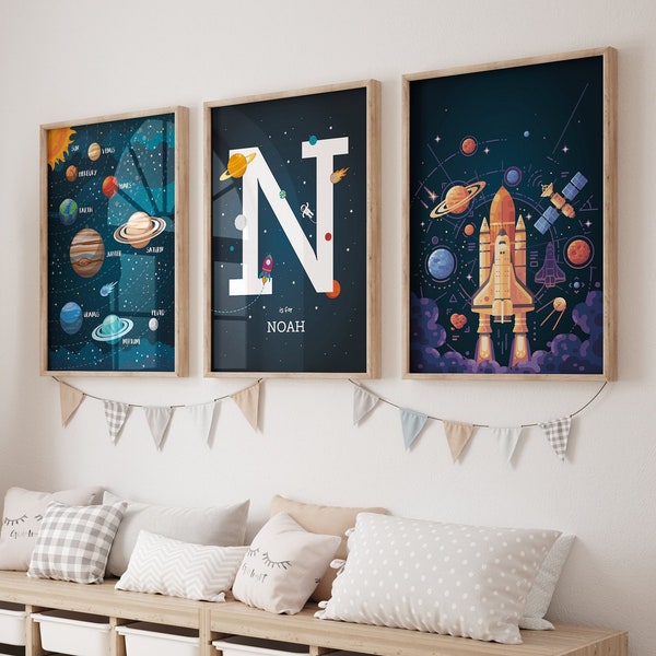 Space wall art set of 3 prints for space themed bedroom, outer space decor with solar system print