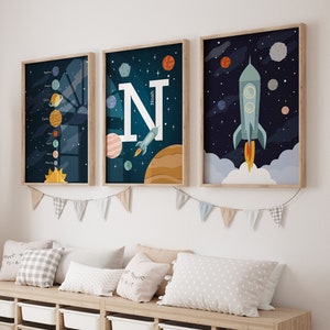 Space wall art set of 3 prints with rocket, solar system and custom name print