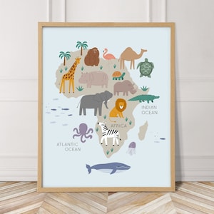 Continente africano, mapa del mundo para niños arte de pared imprimible, ¡perfecto para una guardería temática de viaje o una habitación para niños!