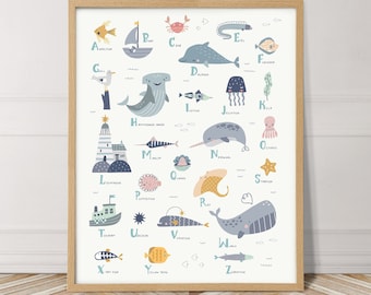Ozean Meerestiere Alphabet, perfekt für einen Ozean Thema Kinderzimmer, Pastell nautischen Meeresleben Druck