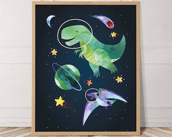 T-rex print, Space Themed Nursery, dinosaur nursery art, space dinosaur, outer space decor, dinosaur wall decor