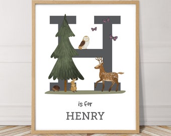 Custom woodland forest name print, personalized monogram initial, baby name art