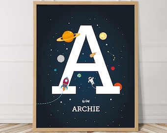 Custom baby name print, personalized monogram initial, space wall art, baby boy name art