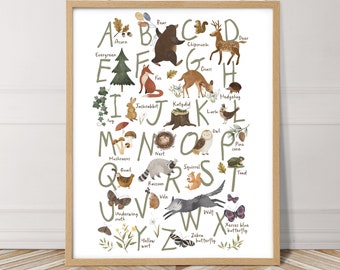 Woodland animal alphabet with watercolor details, perfect for a Woodland theme nursery
