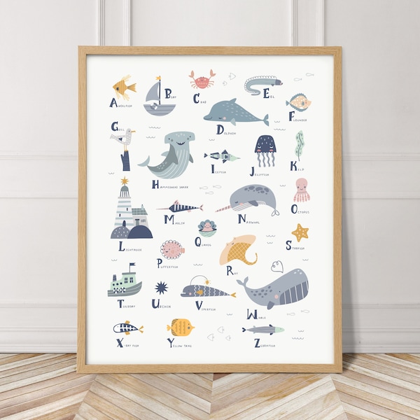 Ocean sea animals alphabet in dark blue, perfect for an ocean theme nursery, sea life print