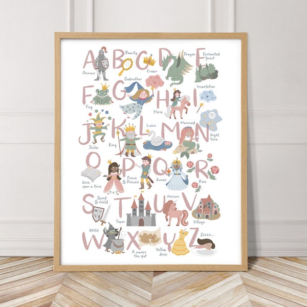 Fairy tale magical alphabet, fairytale ABC in pink and pastel colors