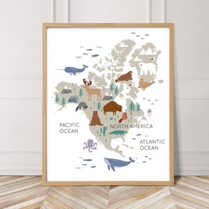 Continent d'Amérique du Nord en blanc, carte du monde pour enfants, art mural imprimable, parfait pour une chambre de bébé ou d'enfant sur le thème du voyage !